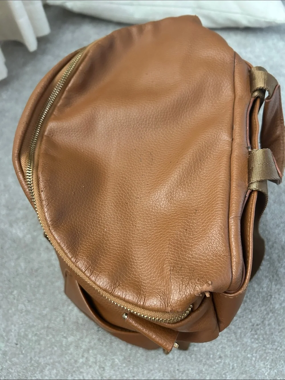 Fawn Design Leather-Look Saddle Brown Backpack with Gold Hardware